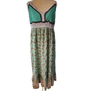 Rue + Women's smocked Maxi Teal Crochet Trim Cottagecore Dress Plus Size 3X